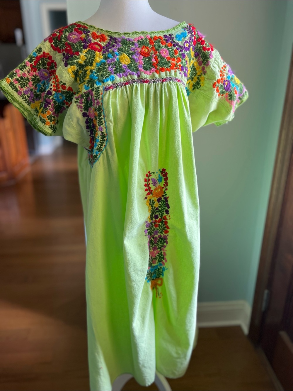 Hand-Embroidered Lime Green Midi Dress with Floral Yoke M Cottage Core Boho - Picture 1 of 11